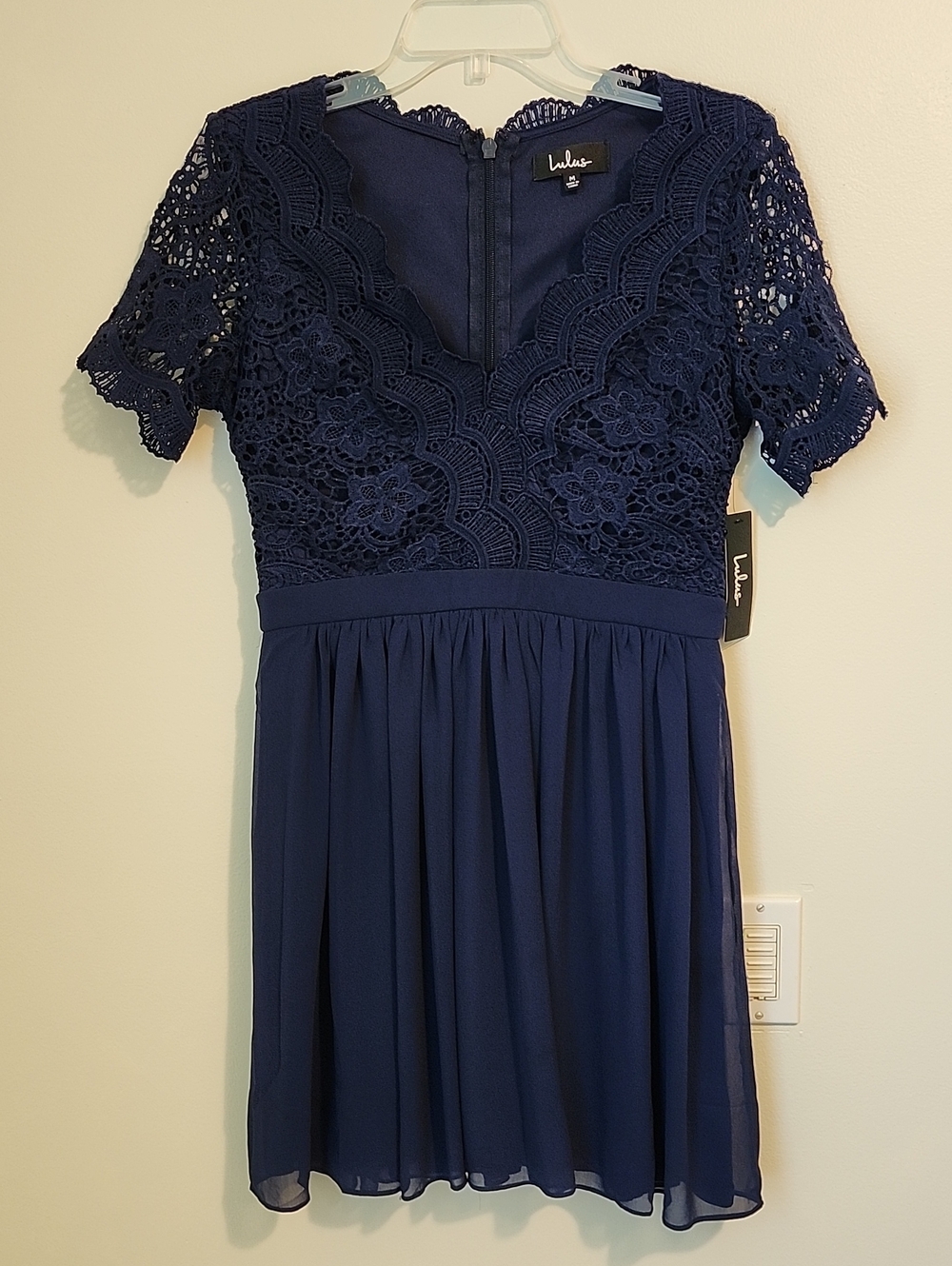 NWT Lulu's Navy Blue Crochet Lace Short Sleeve Skater Dress